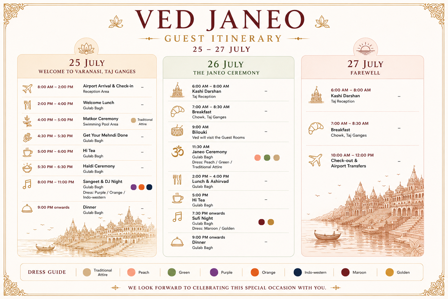 Ved Janeo guest itinerary from 25 to 27 July, with the hour-by-hour schedule for each day